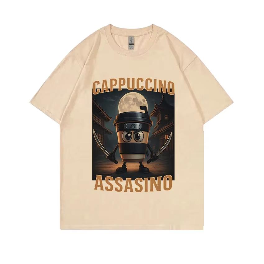 Italský Brainrot Cappuccino Assasino Vtipné Meme Tričko Unisex Ležérní Humor Nadrozměrná Trička Muži Ženy Vintage Bavlněné Tričko