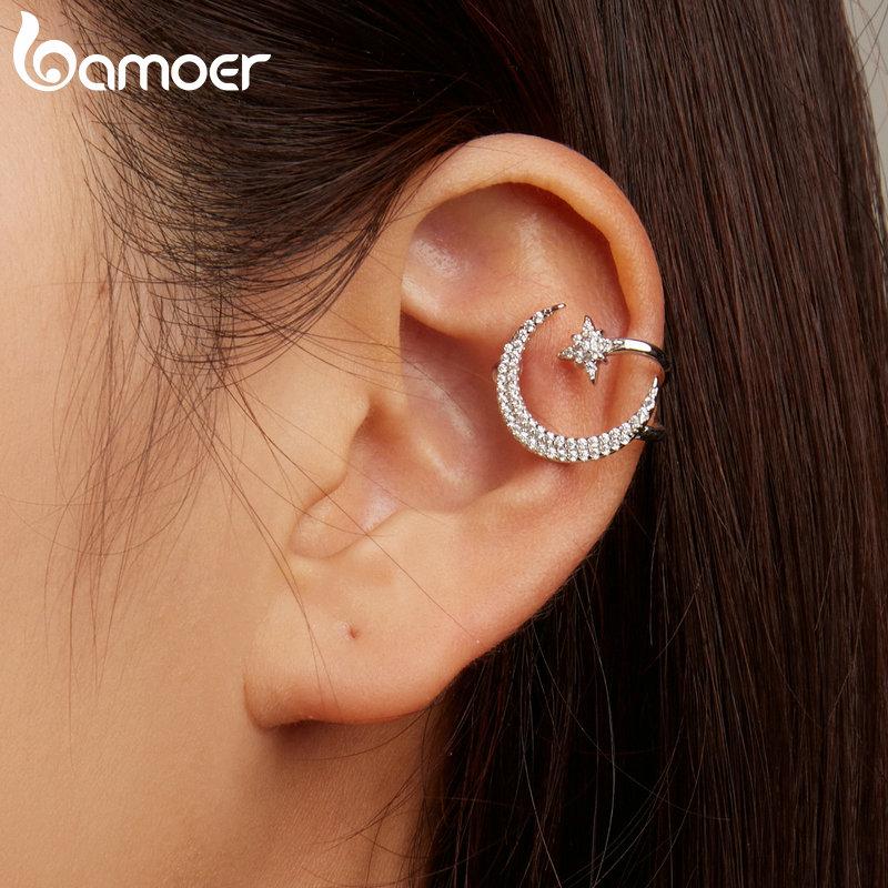 BAMOER 1PC 925 Sterling Silber Stern und Mond Ohr Manschette Pave Fassung CZ Glänzende Ohrclip für Frauen Geburtstagsgeschenk Feiner Schmuck