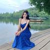 (Exclusive) Summer Beautiful Small Skirt Blue Plaid Suspender Dress, Summer New Long Dress Women's Clothing