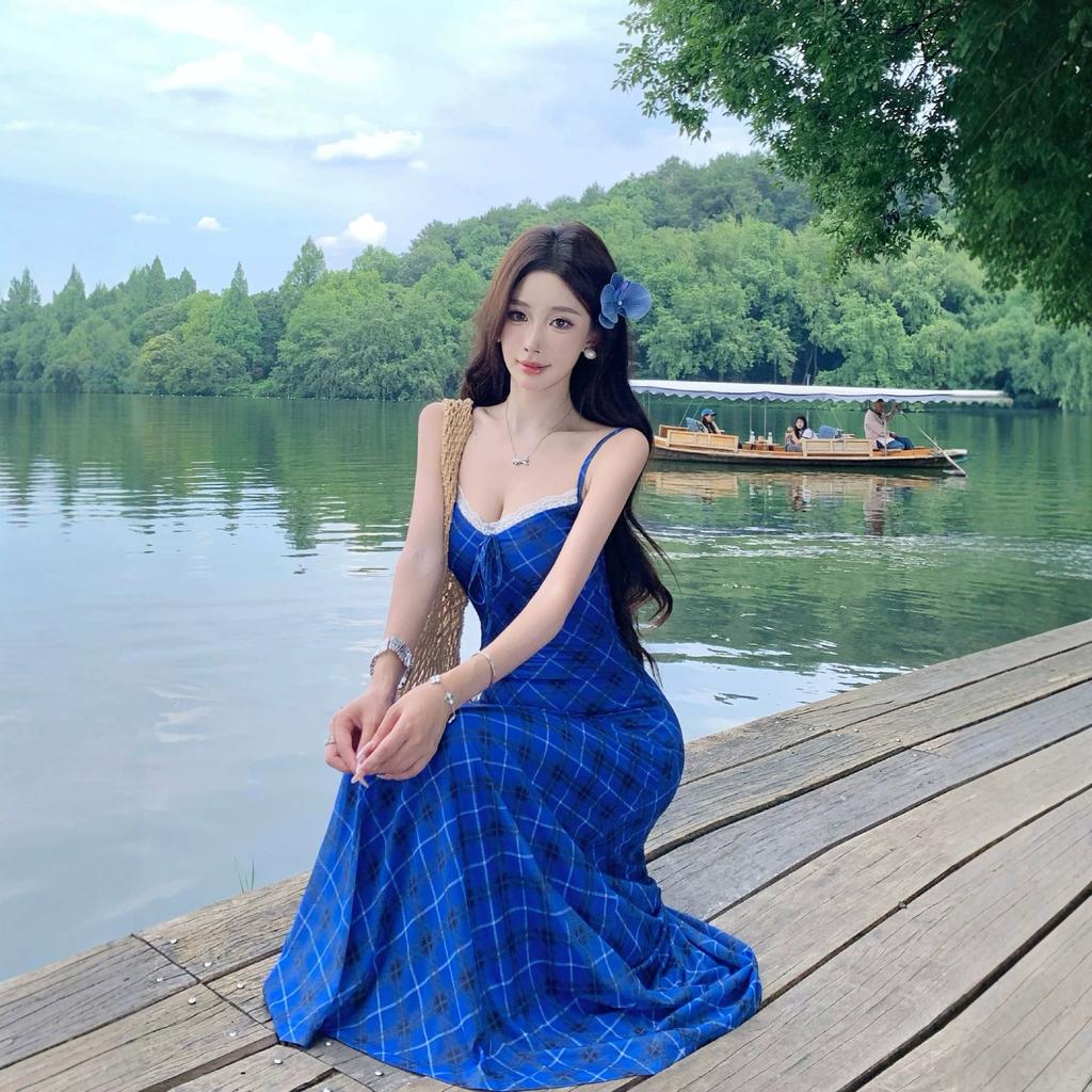 (Exclusive) Summer Beautiful Small Skirt Blue Plaid Suspender Dress, Summer New Long Dress Women's Clothing