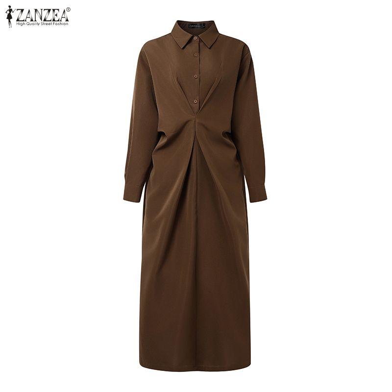 ZANZEA Damen Umlegekragen Langarm Casual Long Shirt Kleid