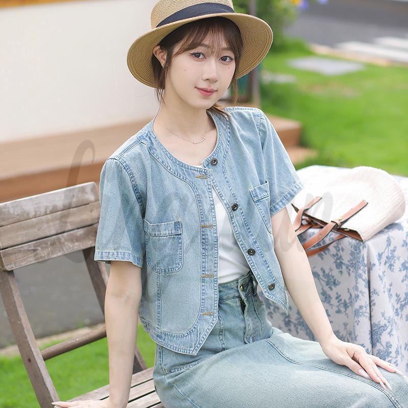2026 Summer Korean Style Denim Round Neck Slimming Short-Sleeved Jacket Extra Large