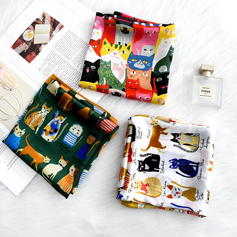 Suhang silk scarf cartoon cat cute versatile 71 simulated silk scarf atmosphere summer square scarf scarf