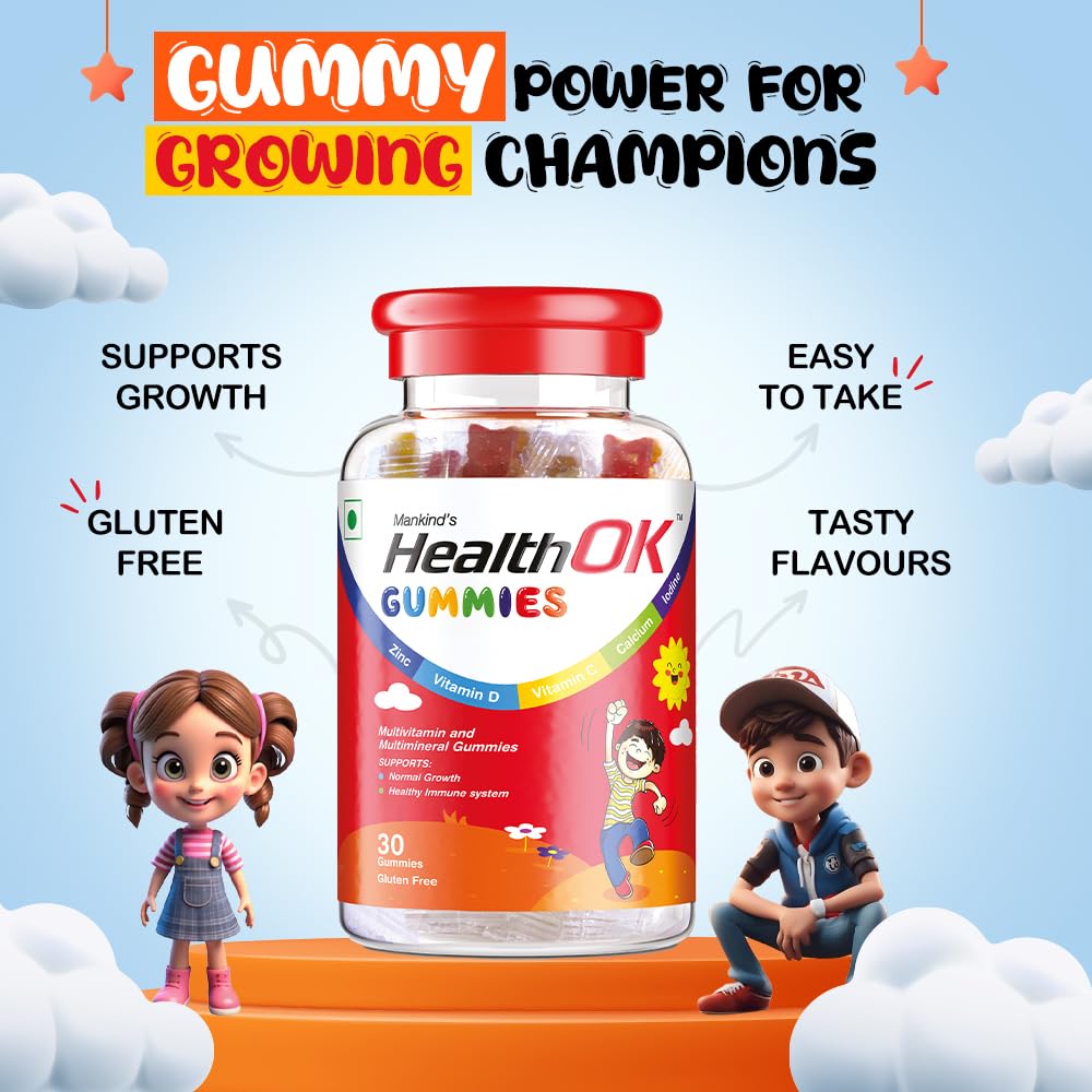 Mankind Health OK Gummies, Multivitamin and Multimineral for Kids,Bottle of 30 Gummies and Health Ok With Multivitamin, Multimineral and Amino Ac