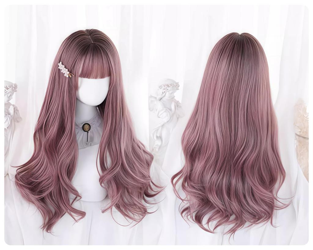 RyuuCos Lolita Wig, Long Hair, Curly, Wavy Hair, Blunt Bangs, Brown Pink Wig, Black Gradient Pink Brown, Natural Look, Harajuku Style, Cosplay, Heat