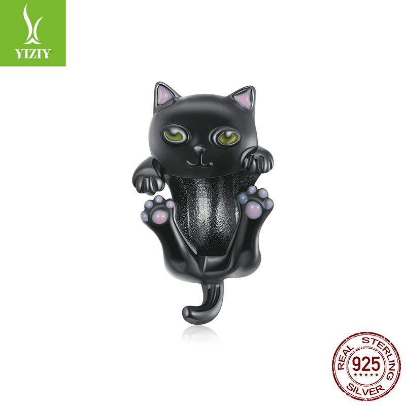 Black Gold Plated Cat Diy Bracelet Beaded, Cute Black Cat S925 Sterling Silver Beads Loose Beads