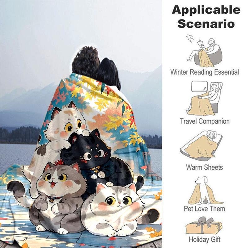 1pc Four Cute Lucky Cats Cartoon Blanket Seasonal Home Decor Gift for Fans, Soft for Couch, Living Room, Travel, Camping
