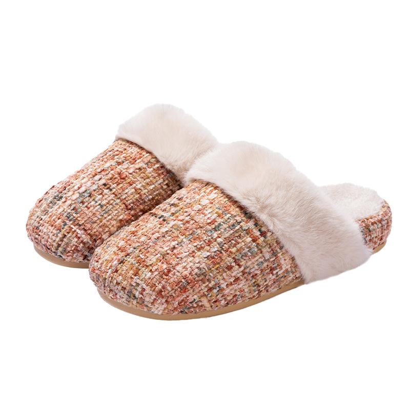 New thick-soled heightened small fragrant slippers autumn and winter indoor household velvet warm and non-slip wool cotton slippers