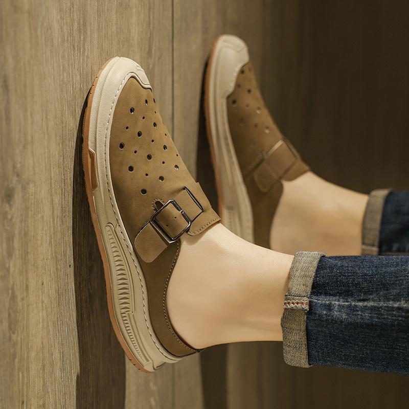 2025 Summer Mules Men Half Shoes For Man Slippers Leather Mens Backless Casual Shoes Loafers Male Slides Flat Semi-Drag Sandals