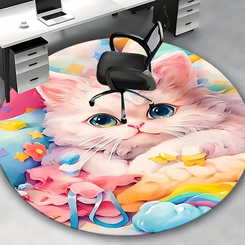 1pc Anime Design Round Carpet Cute Cat with Bow Tie Chair Mat, Non Slip Rug for Office & Home Decor