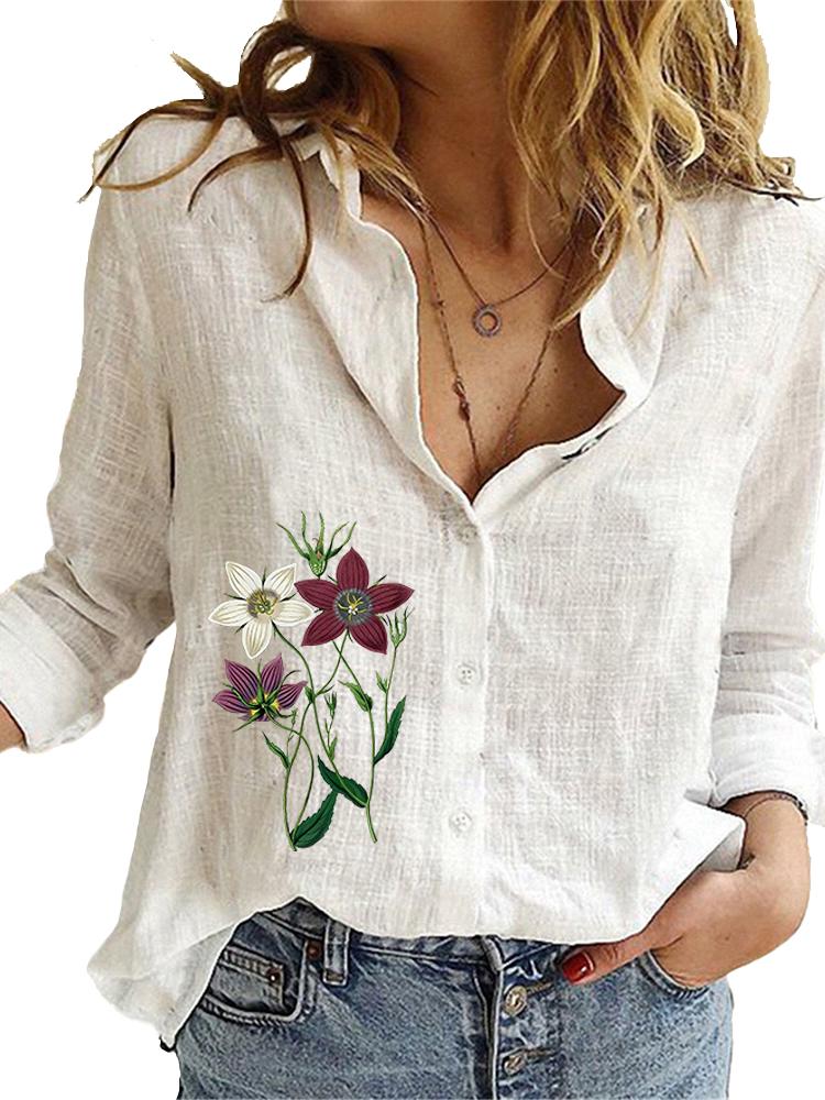 Damenmode Baumwolle Leinen Hemd Frühling&Sommer Lockeres Oberteil Damen Lässige Bluse mit Blumendruck