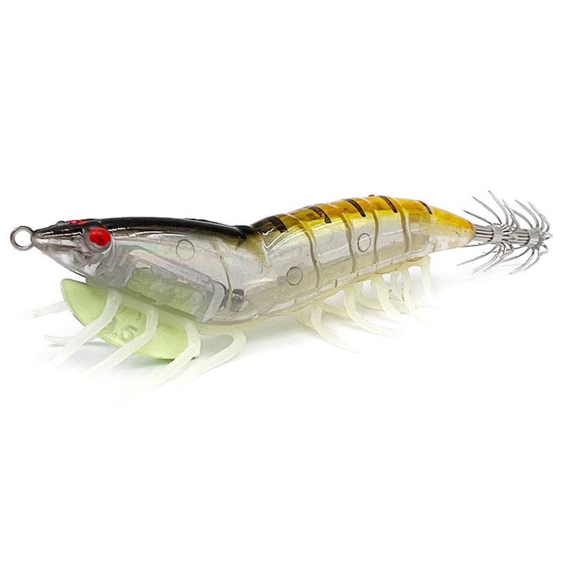 Night Glow Wooden Shrimp Squid Hook Soft Footed Bait with Sound Beads Fake Bait for Fishing