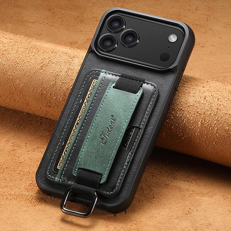

For iPhone 17 16 15 Pro Max 17 Air Case Portable Leather Bracket Wristband Cover With Card Holder and Ring Buckle for iPhone 16e iPhone 15 Pro Max