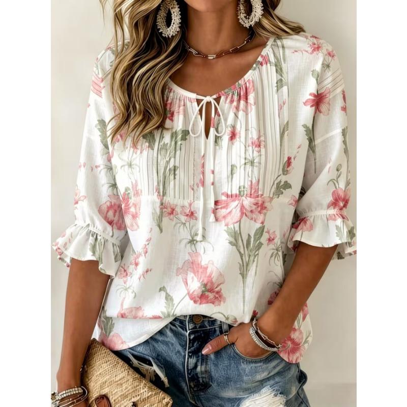 Women's Elegant Printed Lace-up Flared Top, Stylish and Versatile, Comfortable and Skin-friendly
