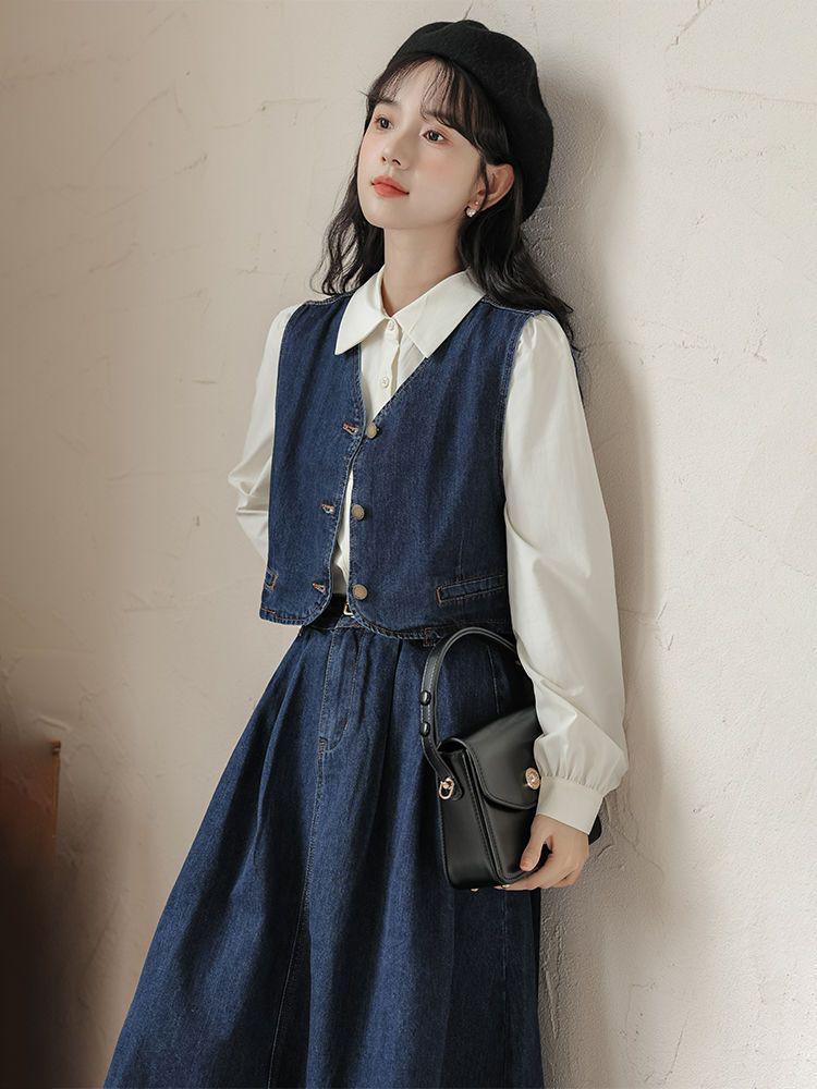 Retro Denim Vest & Midi Skirt Three-Piece College Style Set