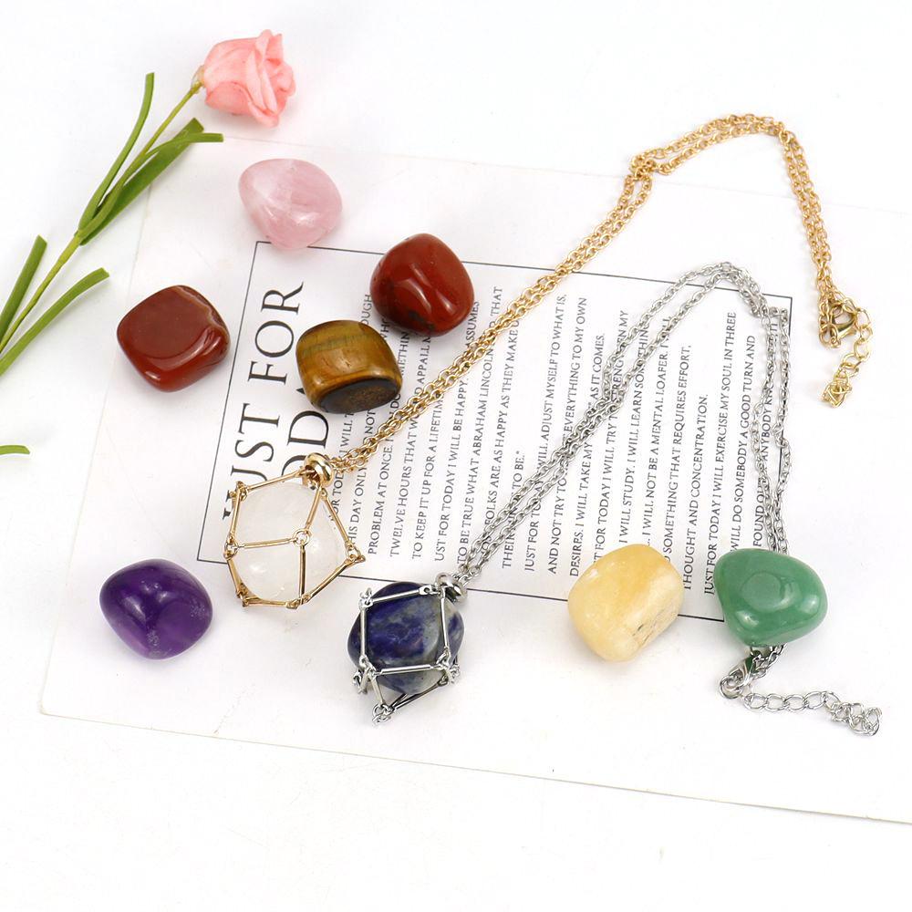 Crystal Rough Stone Handmade Adjustable Stainless Steel Metal Bamboo Mesh Pocket Necklace Woven Pendant N683