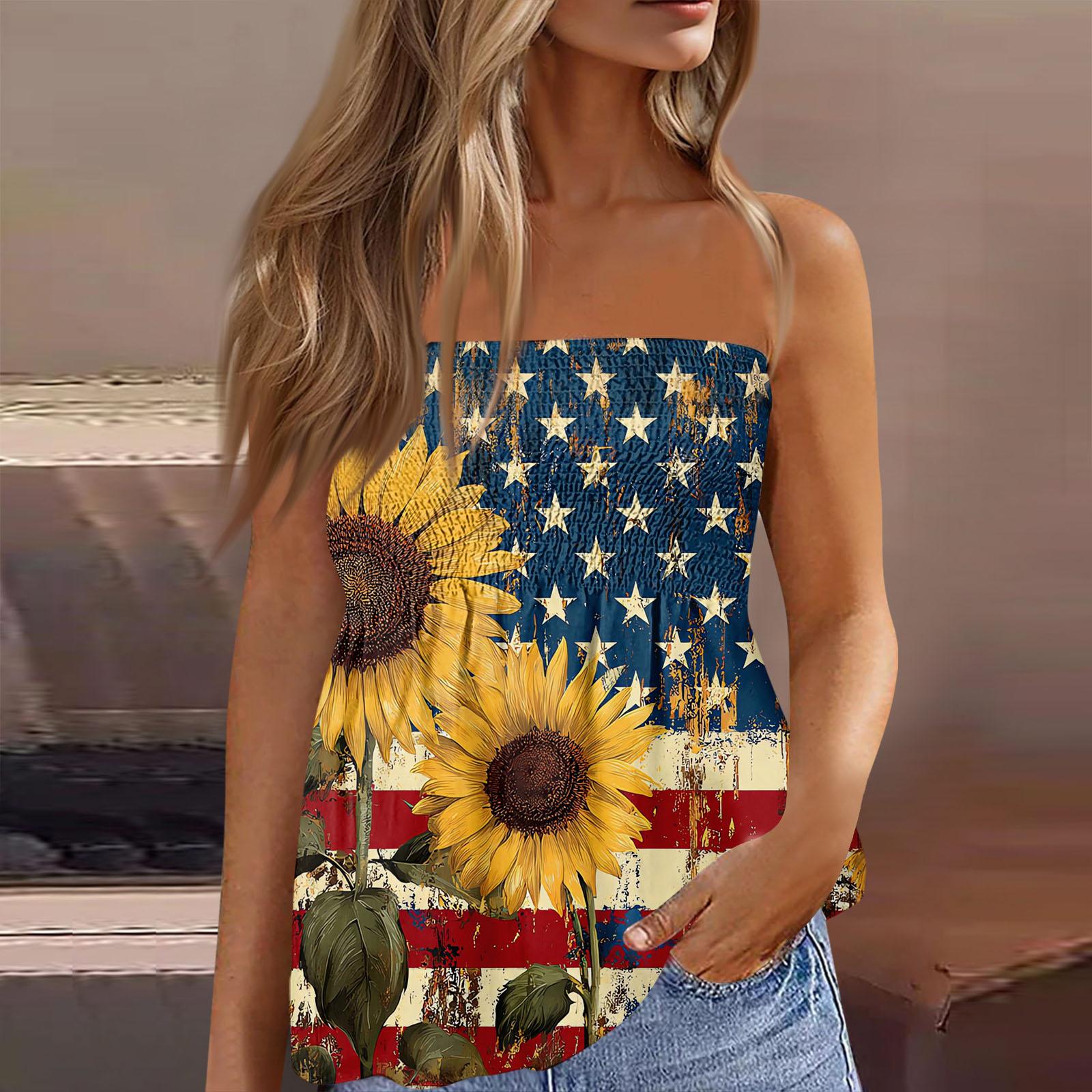 

Womens Spring Tops Strapless Flag Print Summer Shirts for Women Casual Stylish Womens Summer Shirts Dressy Tops for Women XL жовтий