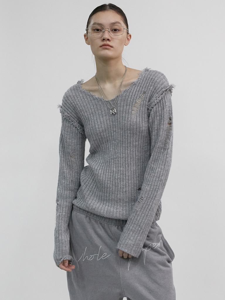 Holpeipeo Damaged Loose Knit Top (Gray)