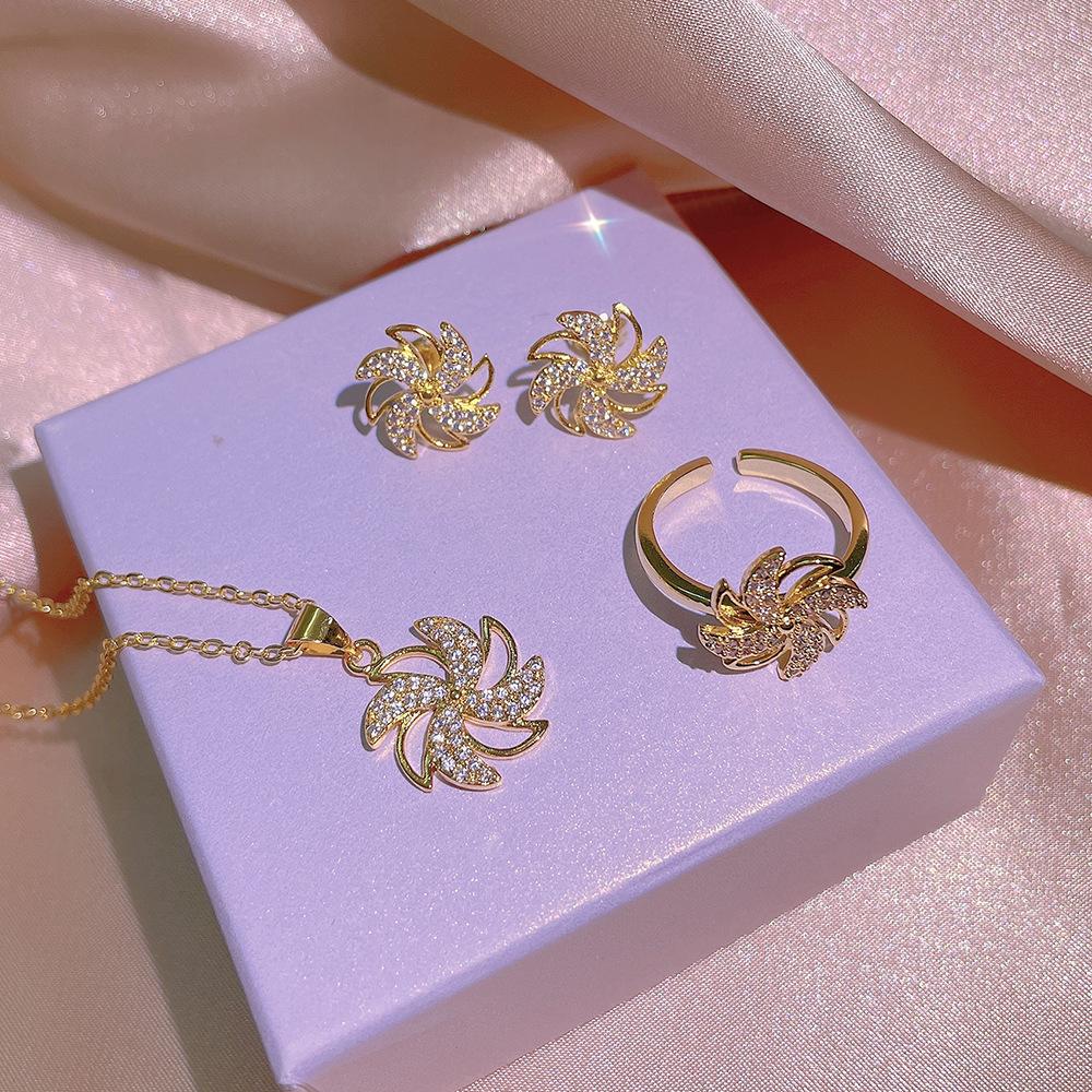 925 Sterling Silver Rotating Small Windmill Diamond Earrings Ladies Temperament Net Celebrity Personality Ring Three-Piece Set One size