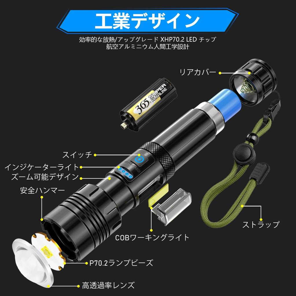 Uiitee Rechargeable LED Military COB Work IP67 7 Dimmable Adjustable Ideal for Night Nighttime Power Disaster and Emergency Lighting Flashlight,