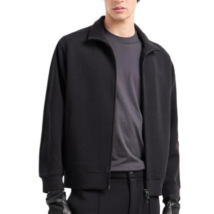 Emporio Armani Solid Color Stand Collar Embroidered Strap Zipper Hoodie Men hoodies Black 6D1MA8-1JHSZ-0999