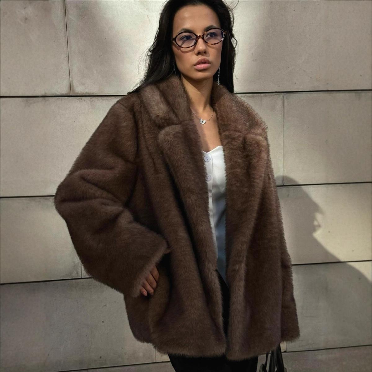 

Mink Fur Faux Fur Coat, Autumn/Winter Thick Mid-Length Suit Collar Eco-friendly Fur Coat 4XL темно-коричневого кольору
