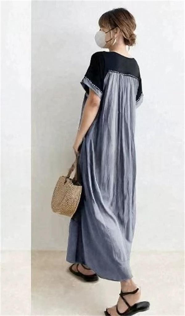 Donking Dress Summer Dress Summer Clothes Short Sleeve Long Length Color Matching Small Floral Print Slimming Casual Loose Fit Figure Covering Stylish