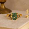 Emerald Cut Moss Agate Engagement Ring – Yellow Gold Plated Vintage Art Deco Gemstone Ring, Wedding Anniversary Promise Gift for Women