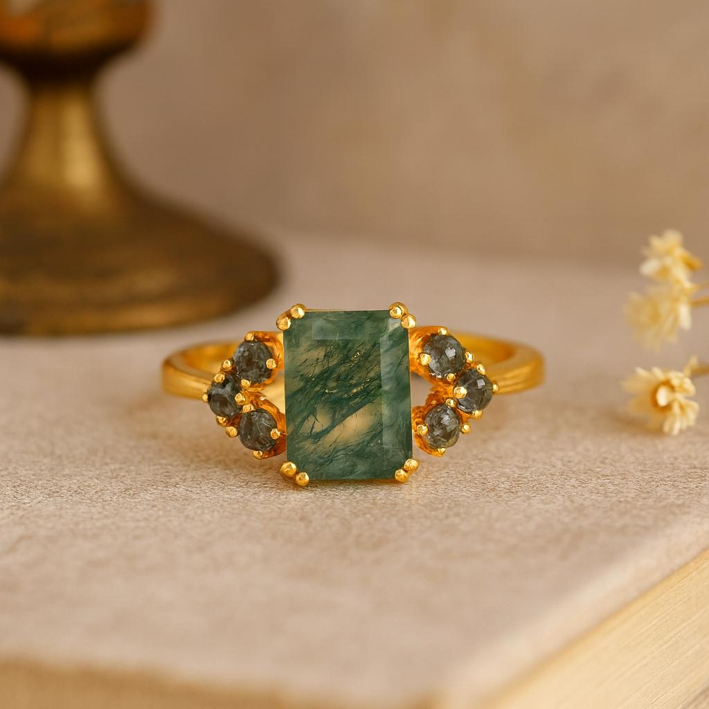 Emerald Cut Moss Agate Engagement Ring – Yellow Gold Plated Vintage Art Deco Gemstone Ring, Wedding Anniversary Promise Gift for Women