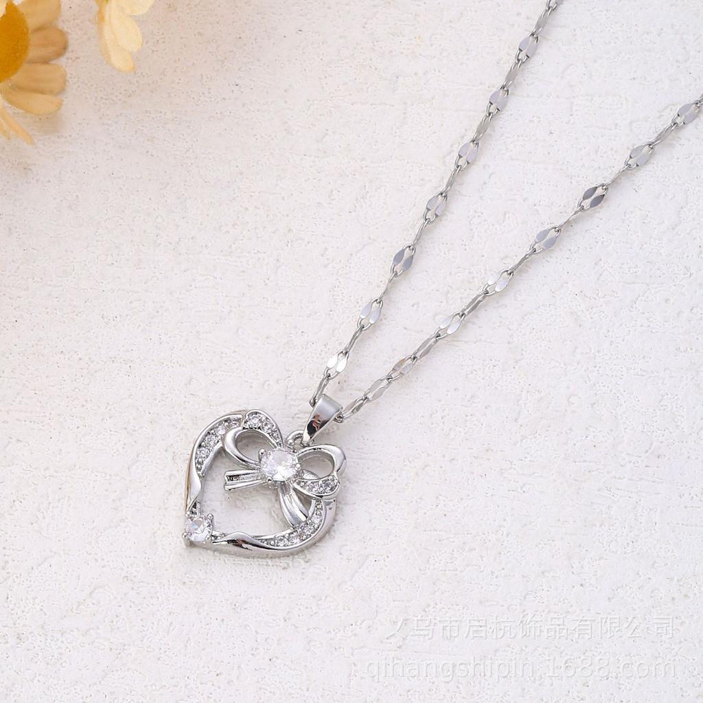 Light Luxury Bow Love Necklace Women'S Simple High-End Versatile Inlaid Zircon Pendant Exquisite Jewelry