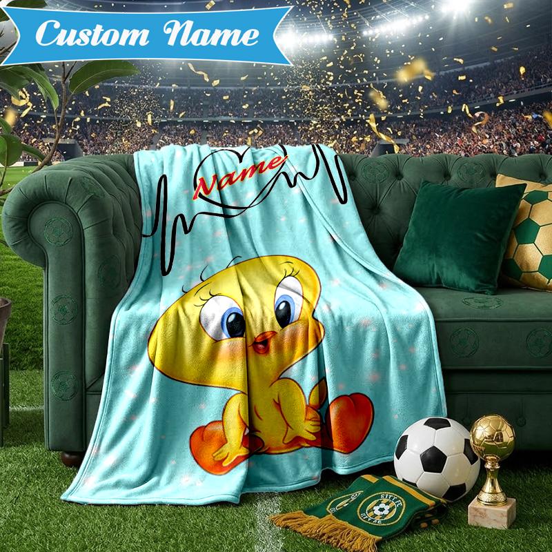Custom Name Love Heartbeat Tweety Blanket Lightweight Ideal Bedding Blanket Perfect for Travel, Camping, Living Rooms, Sofas, Christmas gift