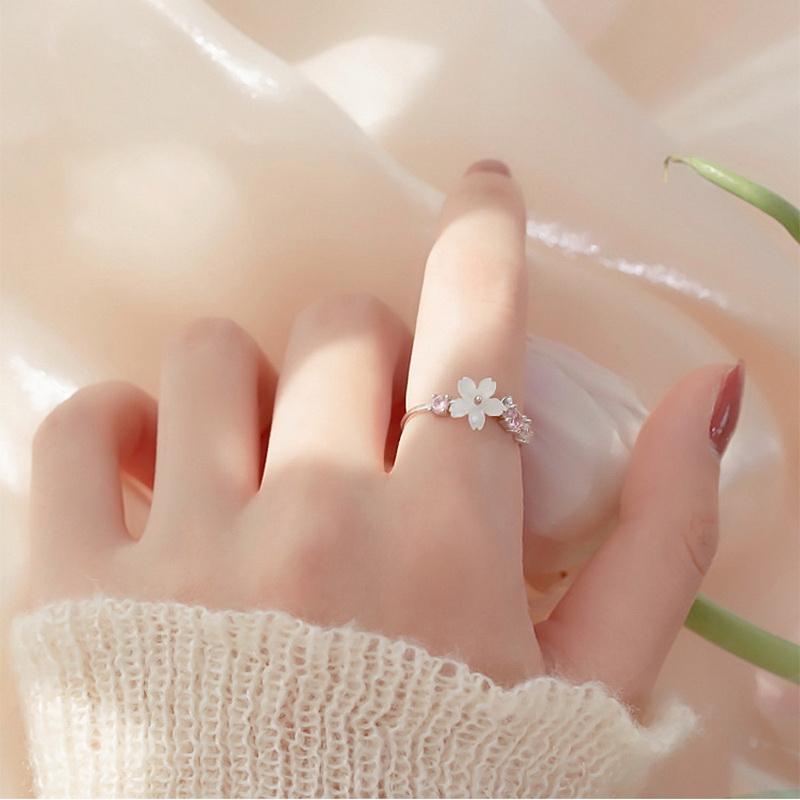 Rosa romantische Blumenringe für Frauen, glänzender Zirkon, Kirschblütenzweig, Muschel-Fingerring, Hochzeit, Weihnachten, ästhetischer Schmuck
