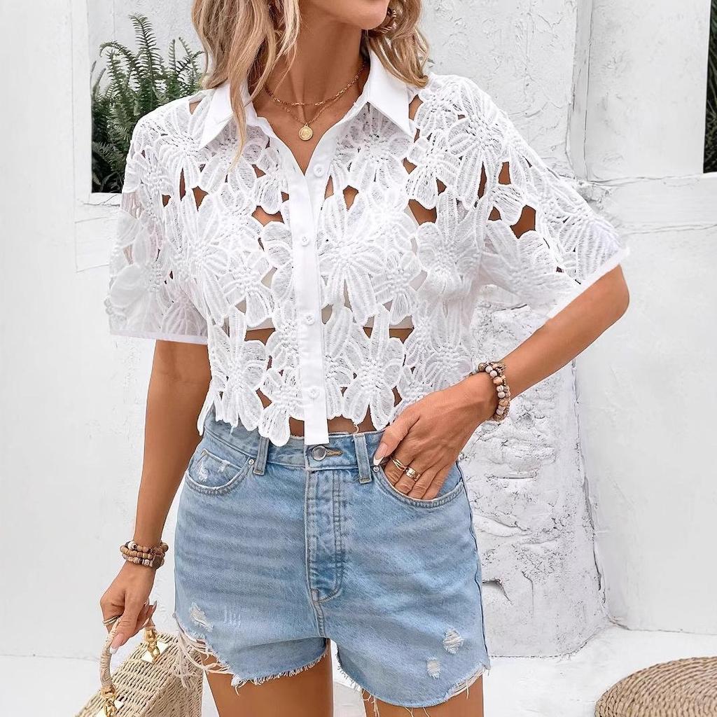Elegant Women's Lace Blouse – European & American Fashion, Versatile for Casual, Vacation, and Parties, with Hollow Out Design