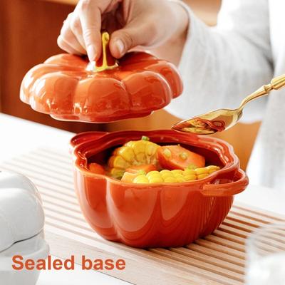 Pumpkin Bowl with Double Handles Stackable Ceramic Pumpkin Soup Bowls Glossy Enamel Pumpkin