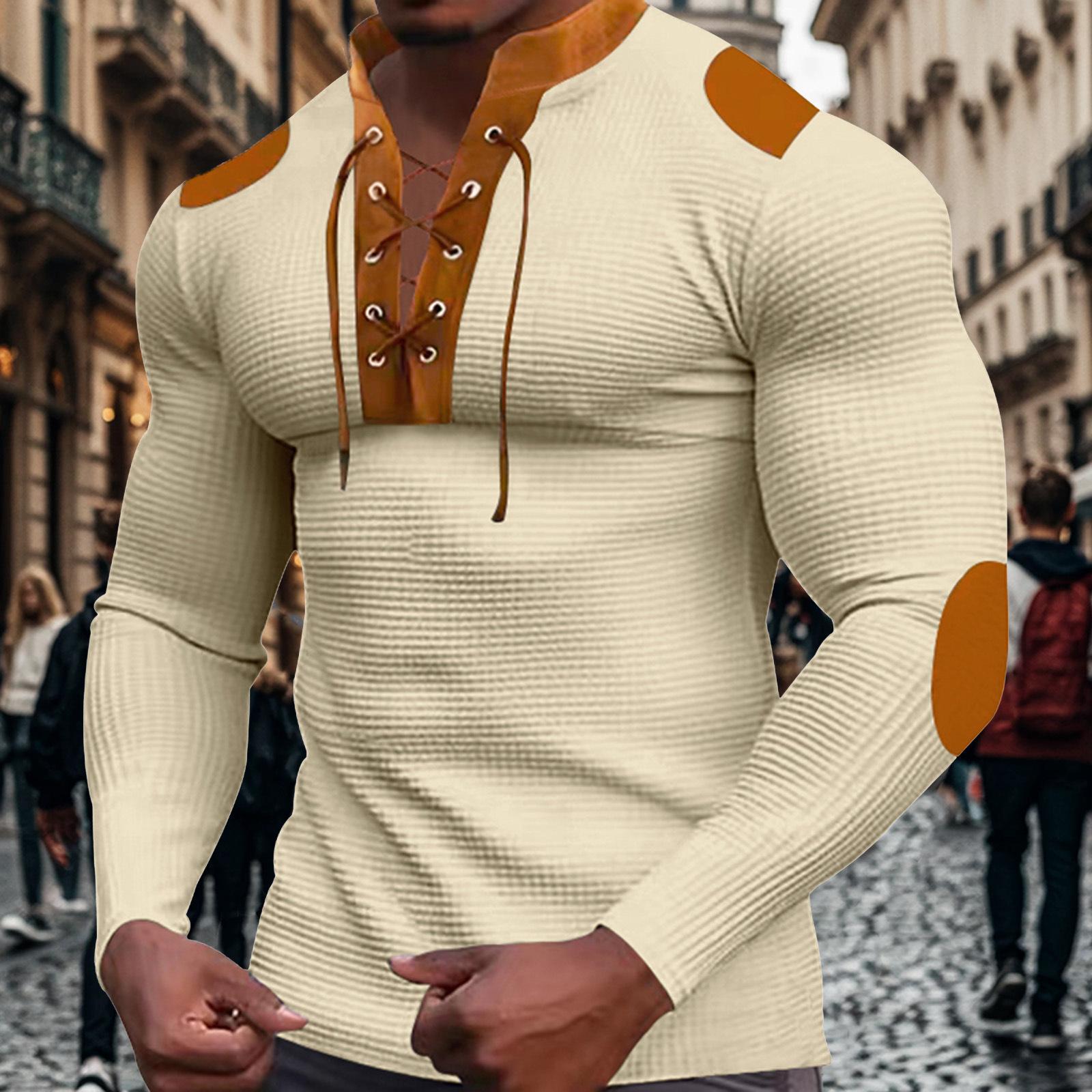 Mens Western Style Thin Waffle Stand Collar Lace Up Long Sleeve T Shirt S абрикосовый