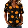 Womens Casual Short Sleeve Pullover Top V Neck Halloween Pumpkin Print Shirt Lightweight Comfortable Fit
