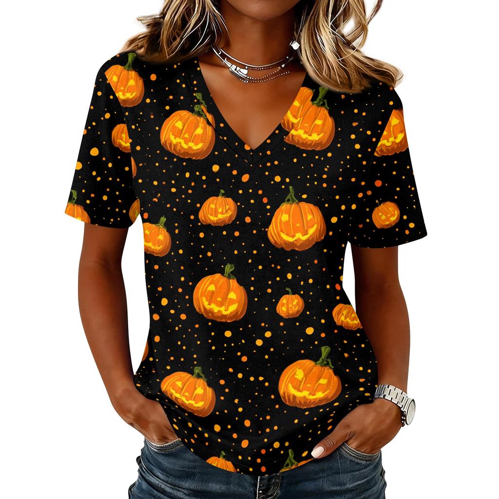 Womens Casual Short Sleeve Pullover Top V Neck Halloween Pumpkin Print Shirt Lightweight Comfortable Fit