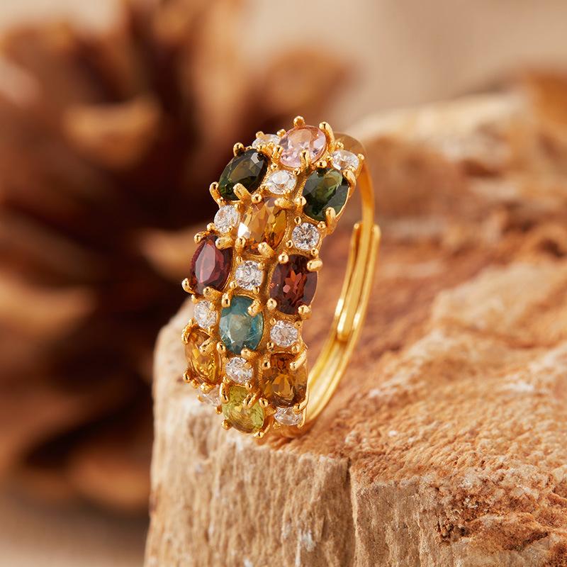 S925 Sterling Silver Natural Gemstone Tourmaline Ring Women'S Multicolor Treasure Ring Index Finger Ring