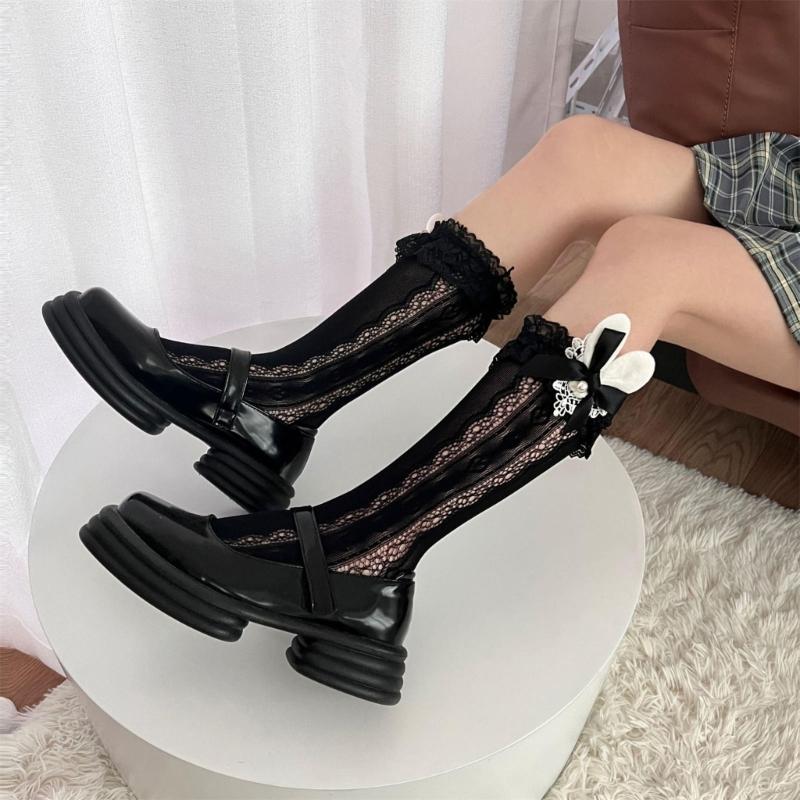 Womens Girls Ballet Style Bow Lace Knee Highs Cute Sheer Socks Mesh Fishnet Stockings Nylon Sweet Lolitas Calf Socks