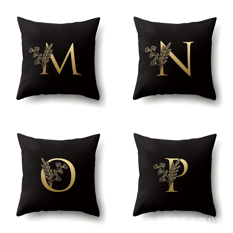 Polyester Pillowcase Car Decoration Black Gold Flower Pillowcase 26 English Letters Home Cushion Cover