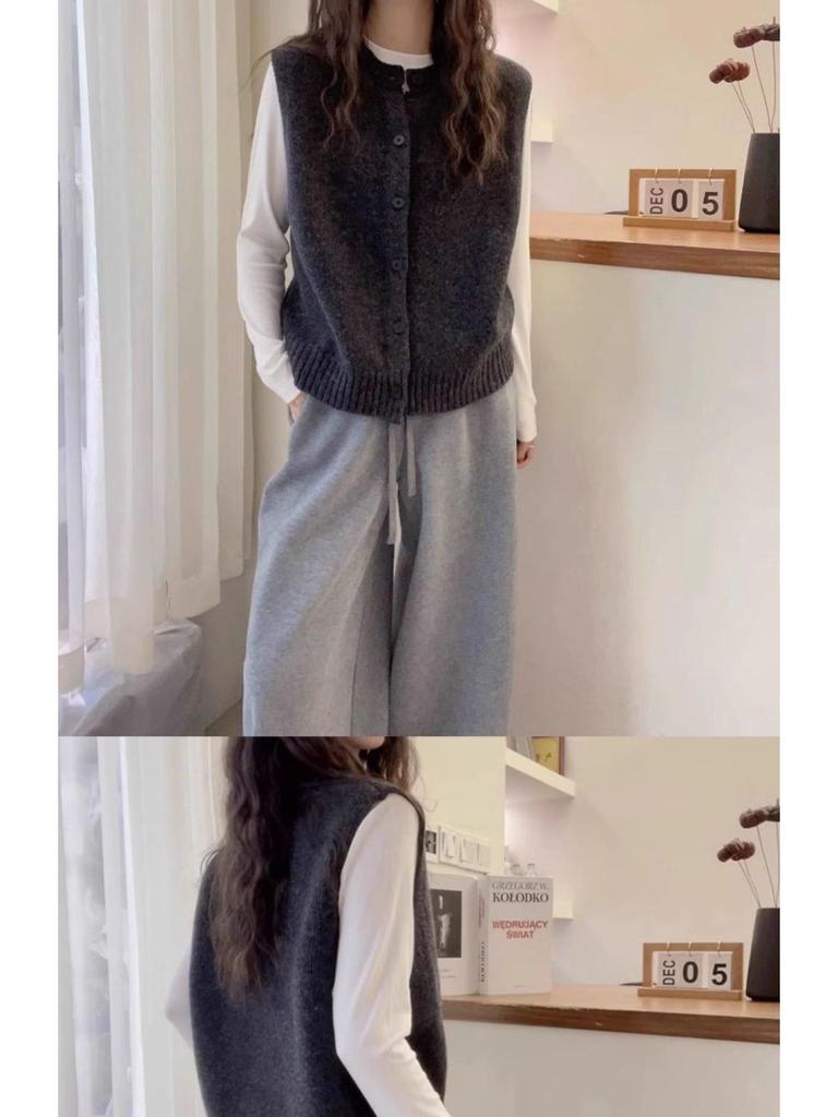 Vestă Tricotată Gri Sleeveless Single-Breasted Chic Coreean pentru Femei