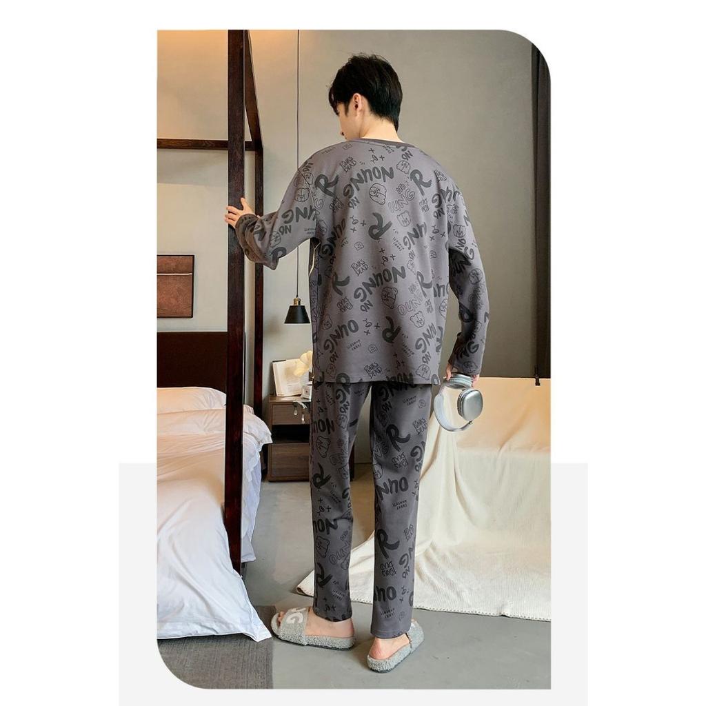 Pajamas Spring and Autumn Men's New Long Sleeve Outable Home Clothes Simple and Casual Large Set