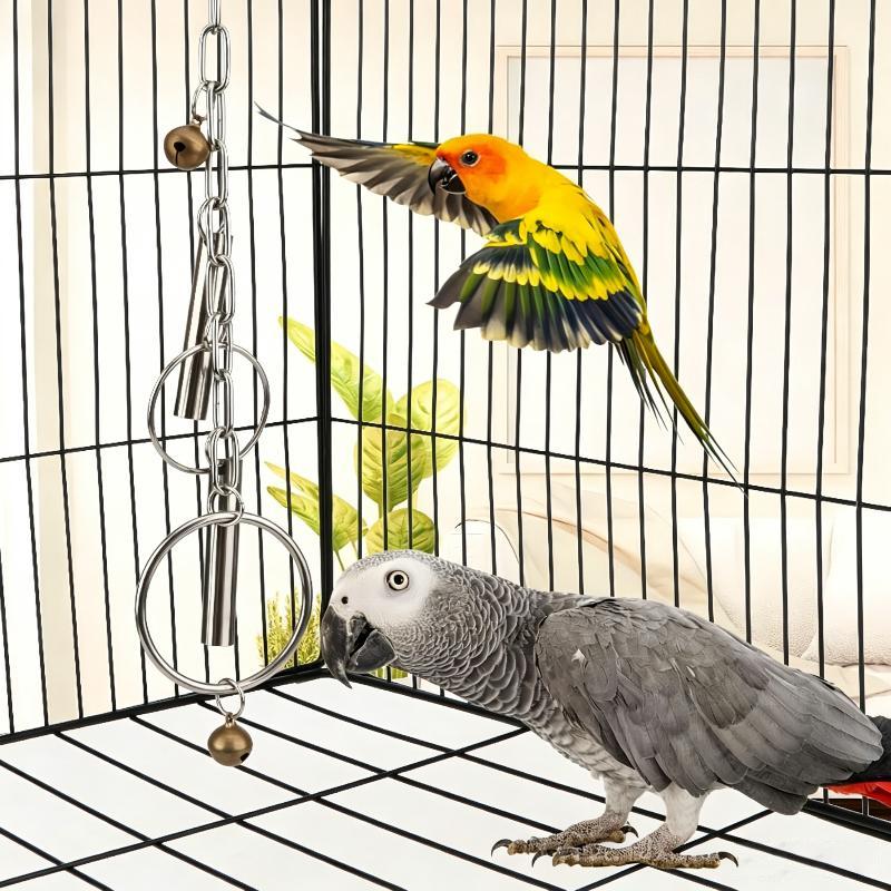 Stainless Steel Parrot Chew Toy Ring Bell Hanging Toy Bird Beak Grinding Toy For Macaw Cockatoo African Grey Cage Accessories