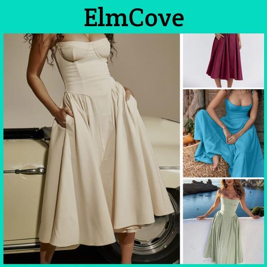 Spaghetti Lowcut Strap Dress Women Backless Sleevless French Court Style Aline Big Swing Pure Color Slim