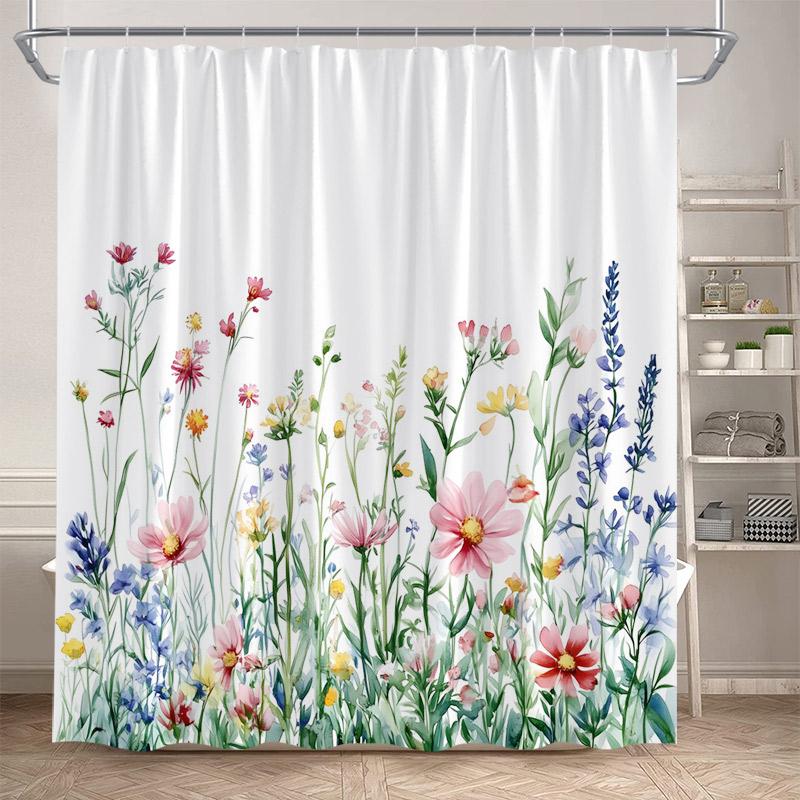 Butterfly Floral Shower Curtains Watercolor Purple Lavender Hummingbird Dragonfly Flower Plant Bathroom Curtain Decor with Hooks