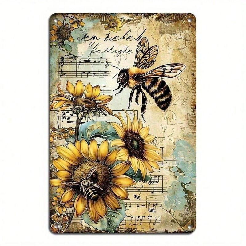 

Vintage Metal Poster Sunflower Bee Musical Notes Wall Decor