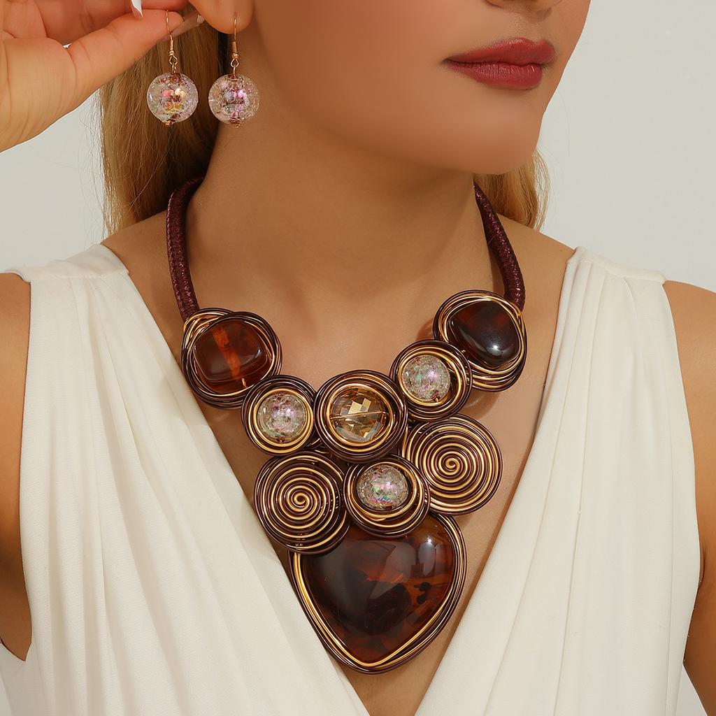 Statement Jewelry Set Trendy Resin Gem Crystal Beads Aluminum Wire Handmade Woven Necklace And Earrings Women Party Accessories