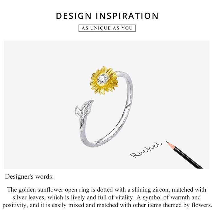 BAMOER Inel ajustabil în formă de floare de soare, din argint 925, zircon strălucitor, pentru femei, bijuterii fine elegante