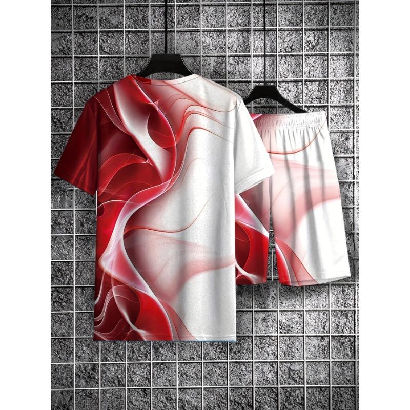

Trendy Men s Summer 3D Printing Casual Two-Piece Set | Red Colorful Flow-Dyed Short-Sleeved T-Shirt Suit - Polyester Comfortable S