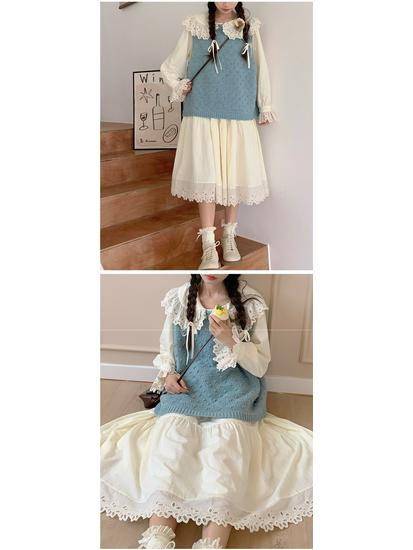 Mori Style Women's Apricot Lace-Trim Long Sleeve Dress